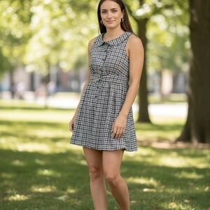 LE LIS Button Front Plaid Mini Dress SleeClassic Black and White Checkered Dress